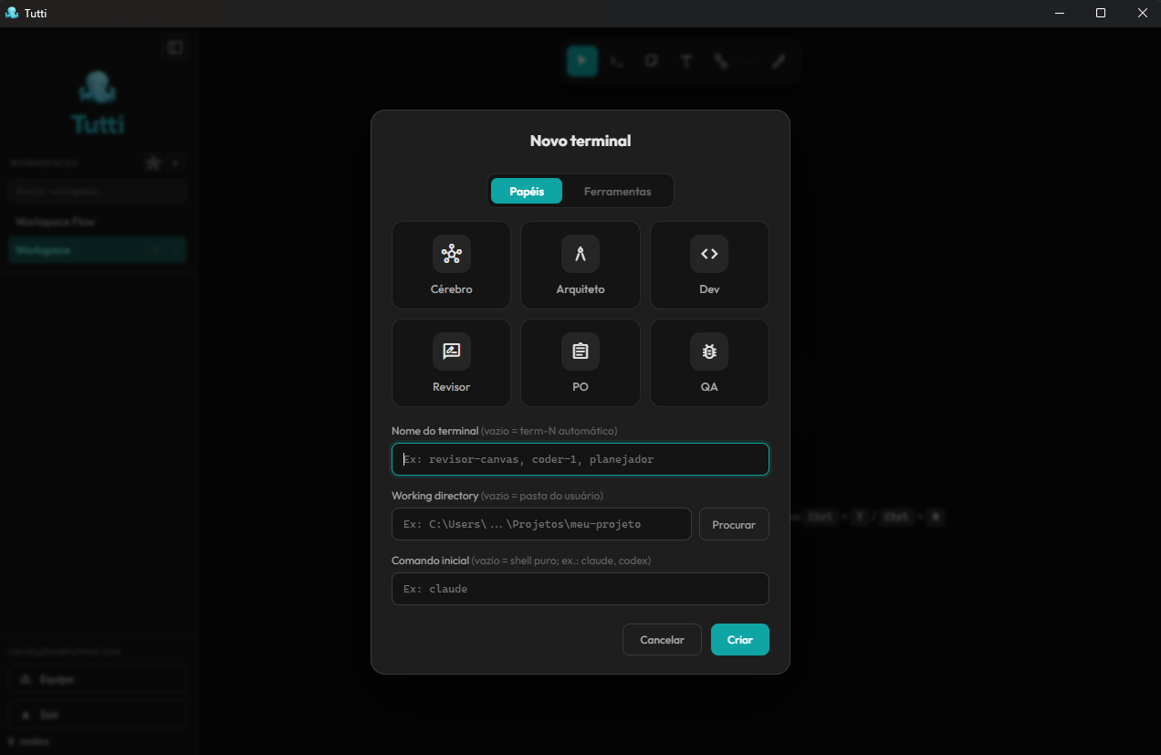 Modal de novo terminal no Tutti, com as abas Papéis e Ferramentas e os papéis prontos